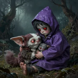Little nightmares, purple raincoat, red eyes, cuddling her gremlings, painted by raymond swanland