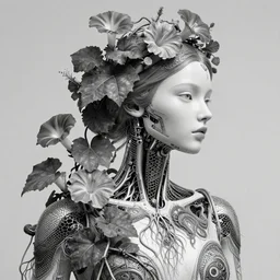 bw 3 d render, biomechanical beautiful young female cyborg with a porcelain profile face, analog, big leaves foliage and stems, morning glory flowers, hibiscus flowers, boho floral vines, hexagonal mesh fine wire, sinuous fine roots, alexander mcqueen, art nouveau fashion embroidered, steampunk, mandelbrot fractal, picture taken in 1 9 3 0