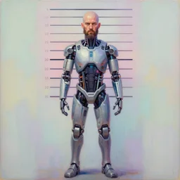 a full body illustration of an male cyberpunk character wearing bionic implants, criminal mugshot, bald, bearded, highly detailed, oil on canvas, soft lighting, neon pastel colors, by WLOP and Greg Staples, HD, 4K