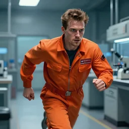 a man in an orange jumpsuit running through a laboratory,digital art,art by greg rutkowski,ross tran,artstation,deviantart,photorealistic,hyperdetailed,detailed face,dramatic,cinematic,high quality,highly detailed face,western comic style,sharp lineart