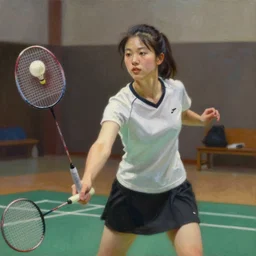 oil painting of girl playing badminton at college