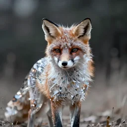 distorted fox covered in clear translucent material like glass