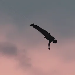 man falling through the sky, speed lines, dark pastel colours, mist, dystopian, silhouette, dark comic book, minimalist
