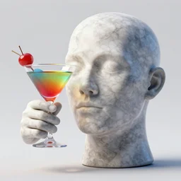 marble human head holding a colorful coctail glass, 3 d render, amazing detail