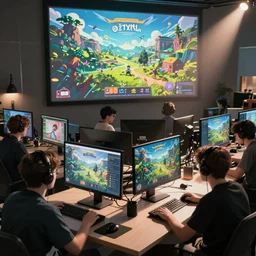 a photograph of many video game developers working hard to finish a game