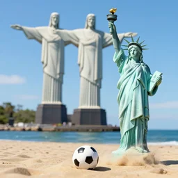 christ the redeemer and statue of liberty playing beach soccer