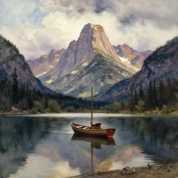 watercolor painting of small lake with a fishing boat, reflections, tall mountains and clouds, mythological art by hans gude, ambient lighting and shadows, art by hans dahl, by jesper ejsing, art by anders zorn, wonderful masterpiece by greg rutkowski, cinematic light, american romanticism by greg manchess, creation by tyler edlin