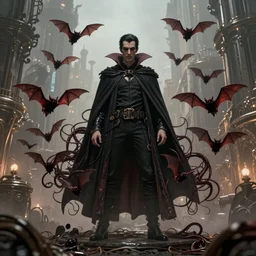 a vampire character whose cape is comprised by a writhing mass of vampire bats in a steampunk dystopian city