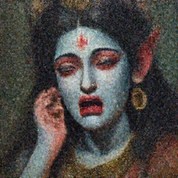 A cinematic crying closeup portrait of the Hindu demon goddess of grief despair sorrow, by Carlos Ochagavia, by Wayne Barlowe, by Paul Lehr, by Bruce Pennington, by Zdzisław Beksiński, by HR Giger, oil on canvas, masterpiece, trending on artstation, featured on pixiv, cinematic composition, astrophotography, dramatic pose, beautiful lighting, sharp, details, details, hyper-detailed, no frames, 8K