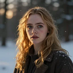 Elle Fanning in a winter wonderland, head and shoulders masterpiece, apocalypse, golden hour, cosmic horror, artstation, in the style of Andrew Wyeth and Edward Hopper and Edwin Blashfield, extremely detailed
