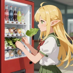 beautiful blonde anime elf girl stuffing leaves in a coke vending machine, high quality anime art digital