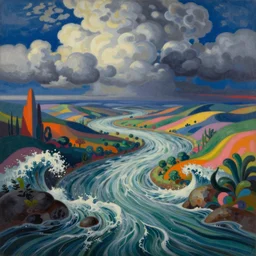 Psychedelic sci-fi dreamworld. Landscape painting. Organic. Winding rushing water. Waves. Clouds. Landscape by Alex Katz. Wayne Thiebaud. Matisse.