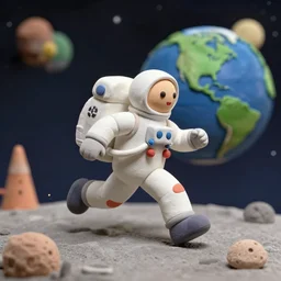 astronaut running on moon, earth in background stary sky, claymation