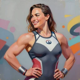 greg manchess portrait painting of smiling gal gadot as beautiful thick female bodybuilder zarya from overwatch, medium shot, asymmetrical, profile picture, organic painting, sunny day, matte painting, bold shapes, hard edges, street art, trending on artstation, by huang guangjian and gil elvgren and sachin teng