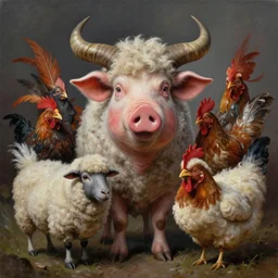 a hyper detailed painting of an anthropomorphic joaquin phoenix, cow horns, pig nose, sheep wool, chicken feathers, horror, by anna podedworna, by miklos ligeti, by diego maricato, by taran fiddler, by antonino truisi, by chris reddie, by jinsung lim, trending on artstation