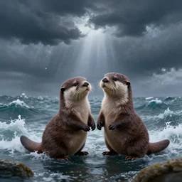 beautiful fantasy illustration hyper detailed a pair of cute otters holding hands in a huge storm at sea cinematic dreamlike trending on artstation masterpiece