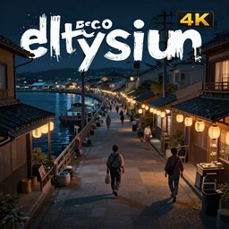 style : disco elysium. composition : long shot. key words : digital art ; detailed ; 4 k. scenery : a japanese harbor. subject : fishermen are wandering around. details : at night ; lanterns in the streets.
