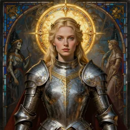 masterpiece head-on symmetrical centered painted portrait, Imogen Poots as a warrior paladin, blonde hair, golden halo, ornate iron armour, ornate radiant stained glass style, elegant, distant, in the style of Edgar Maxence and Ross Tran and Zdzisław Beksiński and Michael Whelan and Anna Podedworna and gustav dore and H.R. Giger, 8k, octane render