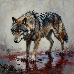 grainy wet werewolf oil painting, horror, lovecraftian horror, bloody, pools of blood, reflecting, set in the bloodborne videogame
