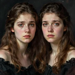 frontal portrait of worried twin women, by john singer sargent and j. c. leyendecker.