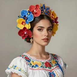 beautiful brunette lady in white embroidered shirt, national costume of venezuelan, filigree crown with red, blue and yellow textile orchid flowers, intricate, elegant, digital painting, art nouveau, soft, smooth, soft, focus, edge light, charlie bowater, tom bagshaw, greg rutkowski