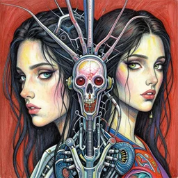 peripheral lobotomy, in the style of cyborg adi granov, colourful hand drawing, beautiful faces, dramatic, tragic, intricate, detailed, beautiful