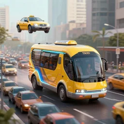 futuristic african taxi tank with flying cars and traffic jams