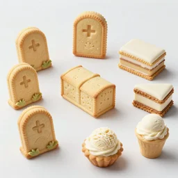Graveyard made out of desserts. Cookies in the shape of tombstones, cakes that look like coffins, and ice cream sundaes that have been made to look like graves. The whole graveyard is surrounded by a fence made of candy bars, and the entryway is guarded by two big chocolate Chip cookies. Photography.