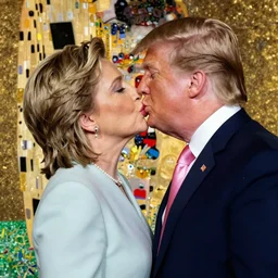 hilary clinton kissing donald trump, in style of klimt's the kiss