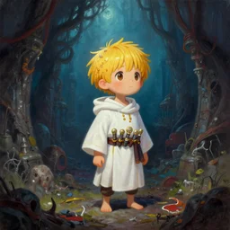 A cute spaghetti-boy cleric protagonist with white clothing and a belt of kunai is exploring the grimdarkest dungeon depths. trending on Pixiv. trending on ArtStation. A vibrant digital oil painting. A highly detailed fantasy character illustration by Wayne Reynolds and Charles Monet and Gustave Dore and Carl Critchlow and Bram Sels | A concept of Melancholic Euphoric heartshine in the crush of oblivion.
