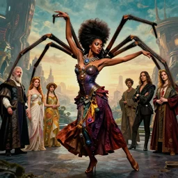 realistic detailed portrait movie shot of a beautiful black woman dancing with a giant spider, futuristic sci fi landscape background by denis villeneuve, jean deville, yves tanguy, ernst haeckel, alphonse mucha, max ernst, caravaggio, roger dean, sci fi necklace, fashion, masterpiece, rich moody colours