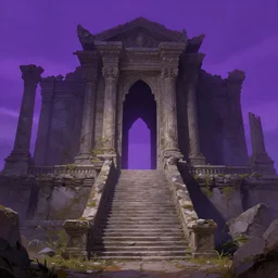 a fantasy scene with stairs leading to a portal, set in the ruins of a temple, violet sky a detailed matte painting by julian allen, deviantart contest winner, fantasy art, matte painting, mystical, concept art
