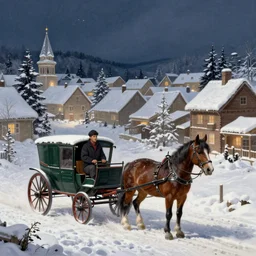 a night scene of a snowy town with a horse drawn carriage, a detailed matte painting by anton pieck, deviantart contest winner, fantasy art, concept art, official art, matte drawing