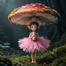 A tiny female tree sprite with a tattered pink tutu, mushroom umbrella, moss, dewdrops, watercolor, dramatic lighting, cinematic, establishing shot, extremely high detail, foto realistic, cinematic lighting, pen and ink, intricate line drawings, by Yoshitaka Amano, Ruan Jia, Kentaro Miura, Artgerm, post processed, concept art, artstation, matte painting, style by eddie mendoza, raphael lacoste, alex ross,