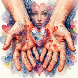 a beautiful insanely intricate watercolor illustration of two hands filled with hearts that reaches out to the observer, reflections, colorful, by william turner art, trending on artstation, insanely detailed, masterpiece,