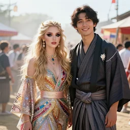 a beautiful fashion big eye finnish girl wear flashy dress and a handsome japan boy wear jinbei in festival | | sunny, dreamlike art, mist, realistic shaded, smile, good looking, fine details, 4 k realistic, cryengine, realistic shaded lighting poster by greg rutkowski, magali villeneuve, artgerm, jeremy lipkin and michael garmash and rob rey
