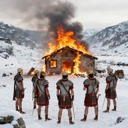 5 roman soldiers wearing roman armor looking down at a burning house in a snow filled valley, sharp, beautiful composition and lighting