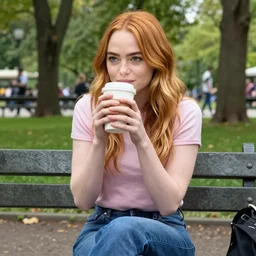 Emma Stone sitting on a bench and drinking coffee in a park filled with trees, sharp focus, highly detailed, 4K, colorful, portrait photography, medium shot