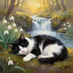 a black and white cat sleeping next to a waterfall, surrounded by common snowdrops, golden hour, painting Mark Keathley