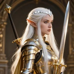 queen elf profile view with white diamond headband in her front and armor in golden and silver colors and a curve long sword, pointy small ears, full body, white long hair, detailed face, epic masterpiece of cinematographic hyperrealism, realistic shaded lighting poster by craig mallismo, artgerm, jeremy lipkin and michael garmash, unreal engine, radiant light, detailed and intricate environment