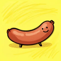 a scribble of a kid outlining a sausage with a smiley face, yellow background