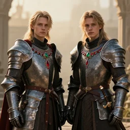Render of Young Olsen twins as a medieval fantasy knight wearing dark steel scale armor and garments, red and blue jewerly ornaments, emerald jewelry, high fantasy, gothic, Sparth style, Final Fantasy style, Tsutomu Nihei style, Emil Melmoth style, Craig Mullins style, Shinkawa style, centered image, golden hour, soft lighting aesthetic, volumetric lighting,