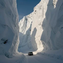 car driving past towering snow walls
