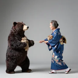 bunraku puppet, lone old woman walking pulls some fur from the chest of a big bear, beautiful blue kimono, side view, studio lighting, sigma 8 5 mm f / 1. 4, hd, 8 k
