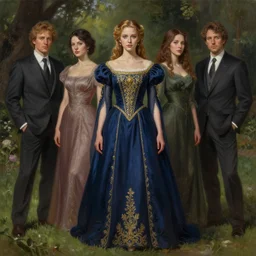 full - length portrait of a park so - dam, dressed in a navy blue gown with gold embroidered details, golden brown hair, detailed face, fantasy, cinematic lighting, digital art painting, fine details by realistic shaded lighting poster by ilya kuvshinov katsuhiro otomo, magali villeneuve, artgerm, jeremy lipkin and michael garmash and rob rey