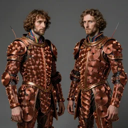 fully featured siamese twins made of colored electrical wires, intricate armor made of fractal coils of copper wire, highly detailed, by giuseppe arcimboldo and ambrosius benson, ( renaissance ), ( beksinski ), realistic, high definition