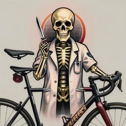 “ “tattoo of a skeleton wearing a doctors coat with a scalpel in one hand peering behind a scycle”