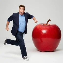Drew Carey running in fear from a giant red apple rolling after him