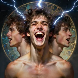 character concept, portrait, symmetrical head - on centralized, laughing young man with strong body. detailed, high quality, dynamic lightning, fantasy, scenematic. artwork by artgerm, wlop, alex ross, greg rutknowski, alphonse mucha