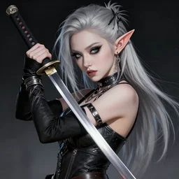 grimes as an incredibly beautiful elven warrior with elf ears, silver hair, beautiful warrior, masterpiece by moebius, incredible beauty, charismatic, trending on artstationl, digital art, japanese anime art, incredible detail, pop star grimes, elf ears, katana,